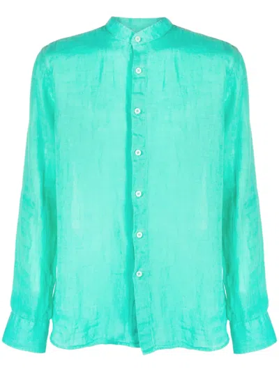 120% Lino Mandarin-collar Long-sleeve Linen Shirt In Grün