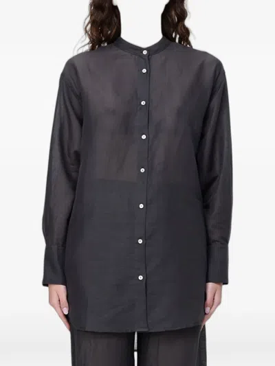 120% Lino Mandarin-collar Button-down Shirt In Black