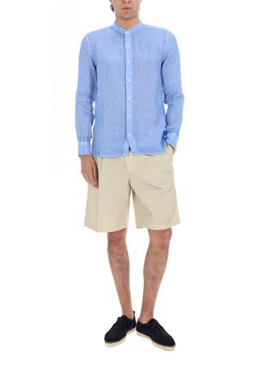 120% Lino Men's Linen Button-front Mandarin Collar Shirt In Blue