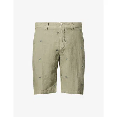 120% Lino Mens Cactus Embroidered Mid-rise Linen Shorts In Green