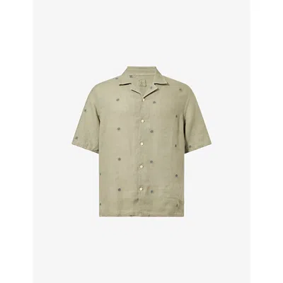 120% Lino Mens Cactus Geometric-print Camp-collar Linen Shirt Xl In Green