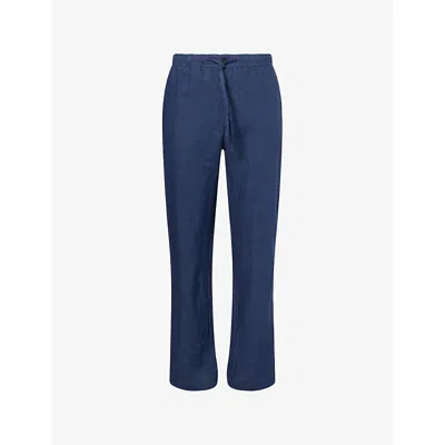 120% Lino Mens Navy Straight-leg Drawstring Linen Trousers Xl In Blue