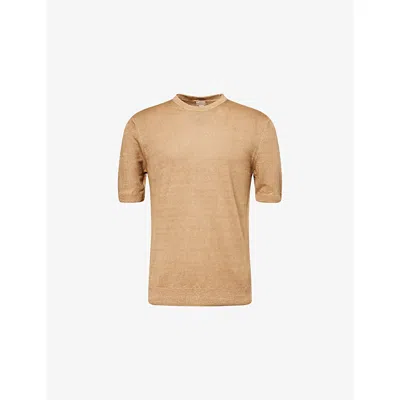 120% Lino Mens Sand Short-sleeve Linen Knit T-shirt In Brown