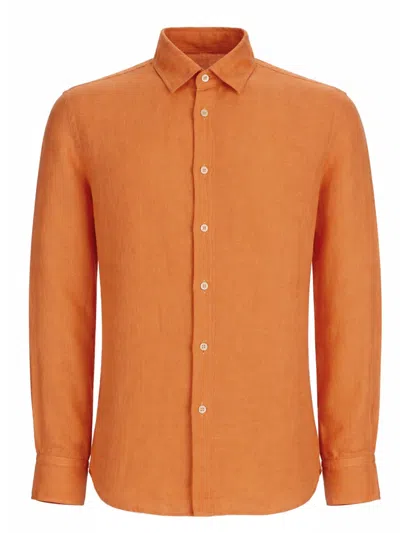 120% Lino Mens Shirt Long Sleeves Button Down Collar In Orange