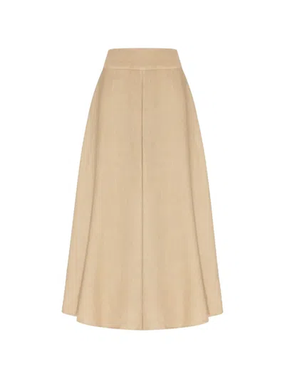 120% Lino Long Linen Flower Skirt With Waistband In Neutral