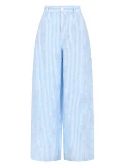 120% Lino Linen High Waist Striped Tailored Trousers In Blue