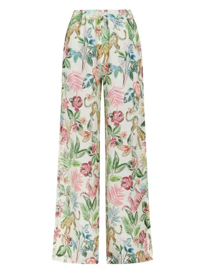 120% Lino Pastel Tropical Print Linen Trousers In Multi