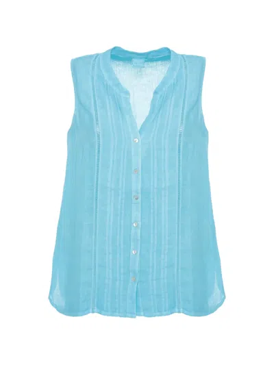 120% Lino Pintuck-detail Sleeveless Shirt In Blue