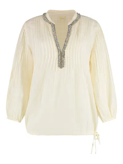 120% Lino Pleated Rhinestone Blouse In Neutral