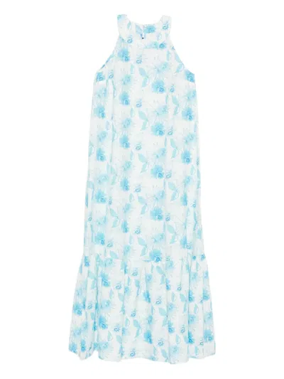 120% Lino Printed Dress In Blue