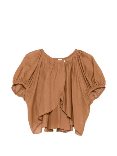 120% Lino Puff-sleeve Gathered Blouse In Brown