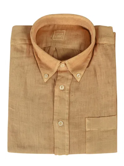 120% Lino Regular Fit Button Down Shirt In Caramel Soft Fade