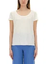 120% Lino Relaxed White Linen T-shirt With Scoop Neckline In Neutrals