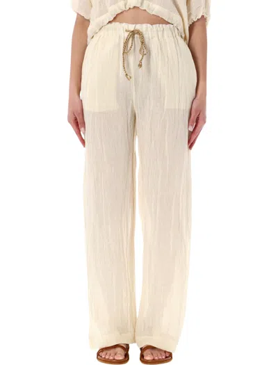 120% Lino Relaxed Wide-leg Linen Gauze Trousers With Embellished Waistband In Naturale