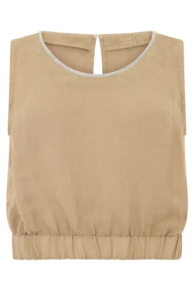 120% Lino Rhinestone-embellished Linen Crop Top In Brown