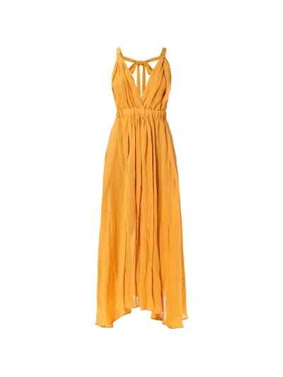 120% Lino Ruched Tie-fastening Dress In Yellow