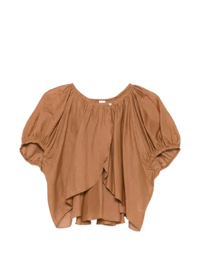 120% Lino Ruffled Sleeve Linen Blouse In Marrone