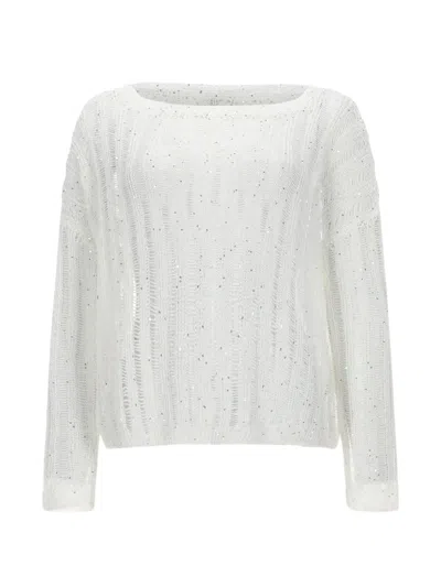 120% Lino Sequin-embellished Open-knit Sweater In White