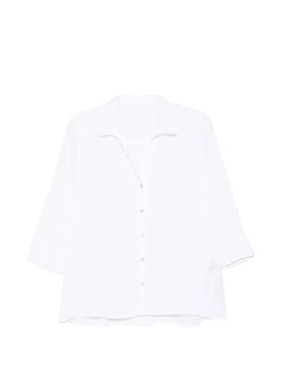 120% Lino Sheer Button-front Short Sleeve Blouse In Bianco