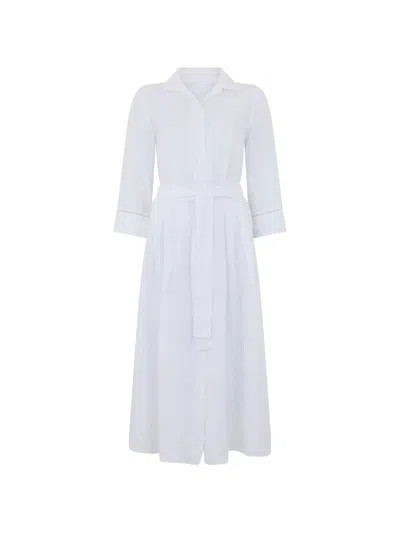 120% Lino Short Sleeve Linen Dress With Belt And Pockets For Women In Bianco