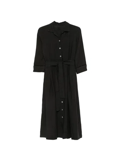 120% Lino Short Sleeve Mini Linen Dress With Belted Waist And Pockets In Black