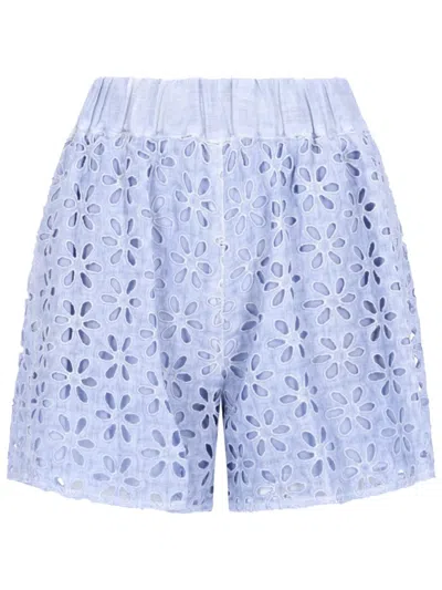120% Lino Shorts Con Motivo Traforato In Blue