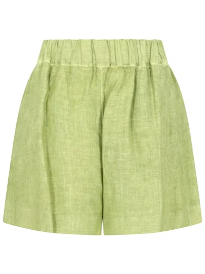 120% Lino Green Gathered Waist Linen Shorts