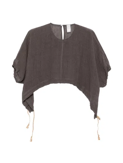 120% Lino Short-sleeved Linen Blouse With Adjustable Hem In Brown