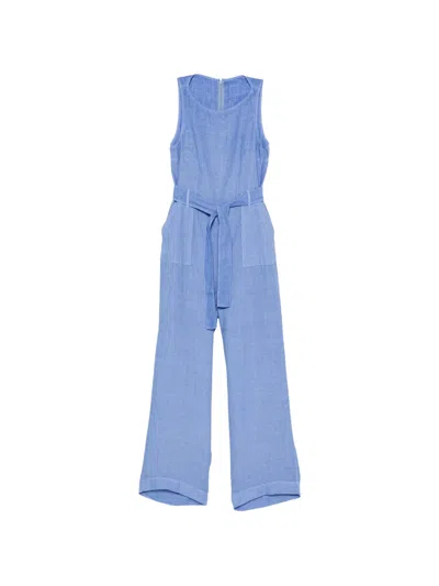 120% Lino Sleeveless Linen Jumpsuit With Belt - Size 38 In Blu