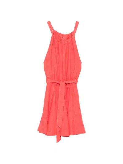 120% Lino Sleeveless Linen Mini Dress With Waist Belt In Orange
