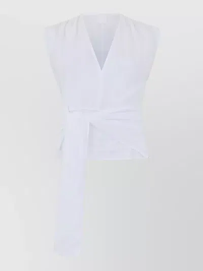120% Lino Linen Sleeveless Blouse With V-neck And Knot Tie Belt In White