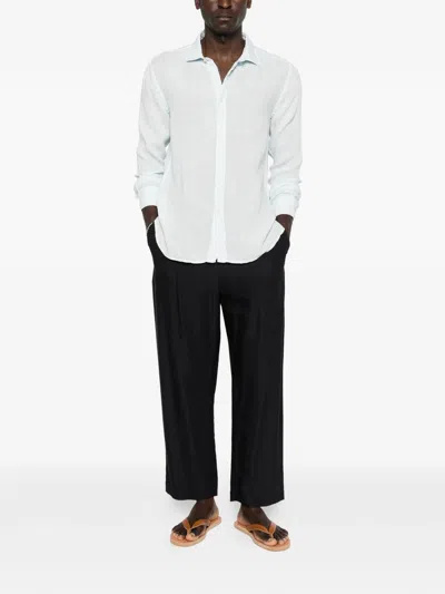 120% Lino Slim Fit Long Sleeve Linen Shirt In Blue