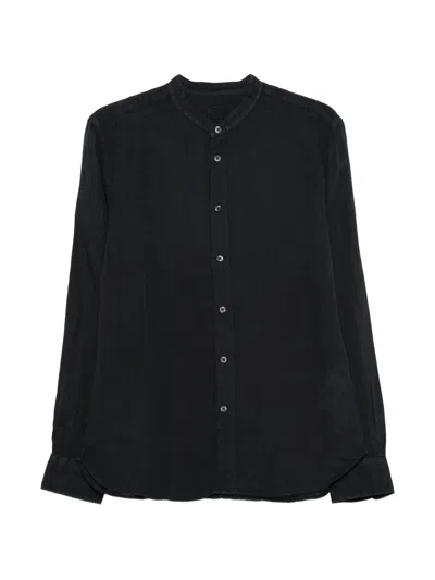 120% Lino Slim-fit Linen Shirt With Mandarin Collar In Blue