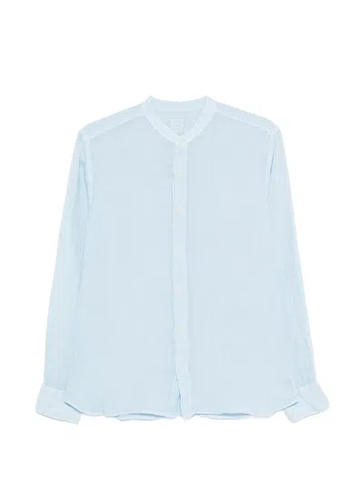120% Lino Slim-fit Linen Shirt With Mandarin Collar For Men In Blue