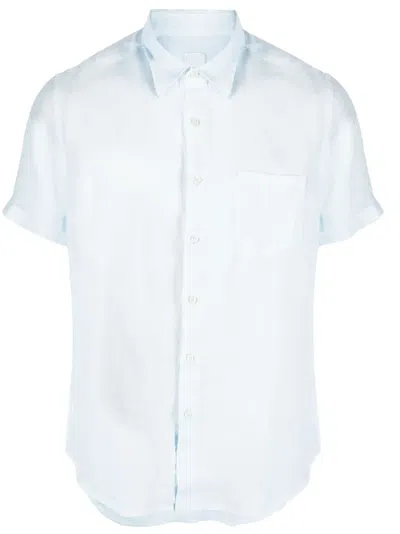 120% Lino Slub-texture Short-sleeved Linen Shirt In Blue