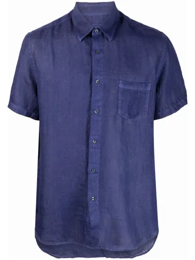120% Lino Slub-texture Short-sleeved Linen Shirt In Blue
