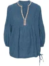 120% Lino Split-neck Linen Blouse In Blue