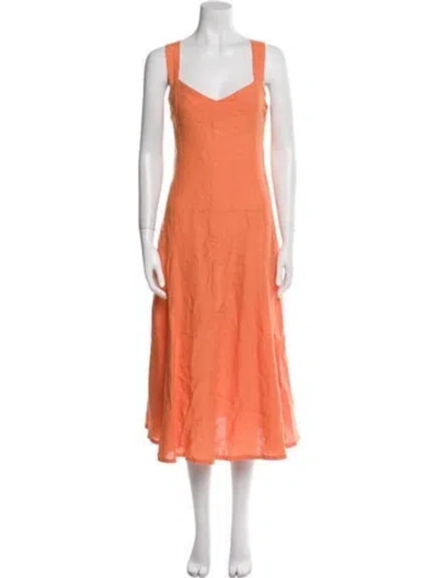 Pre-owned 120% Lino Square Neckline Midi Length Dress In Orange