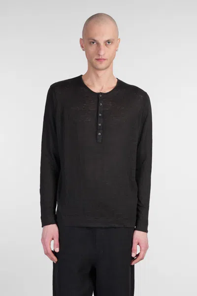 120% Lino Long Sleeve Linen T-shirt In Black