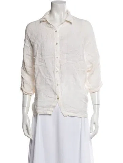 Pre-owned 120% Lino Three-quarter Sleeve Button-up Top In White