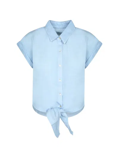 120% Lino Tie-fastening Short-sleeve Shirt In Blue