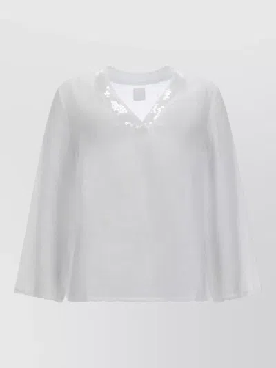 120% Lino V Neck Shirt Long Sleeves Sequins Sheer In White