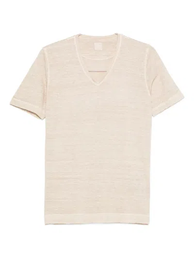 120% Lino V-neck Short-sleeve T-shirt In Neutral