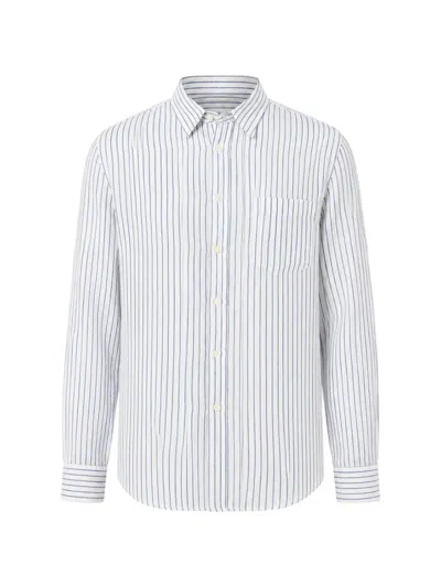 120% Lino Vertical-stripe Chest-pocket Shirt In Blue