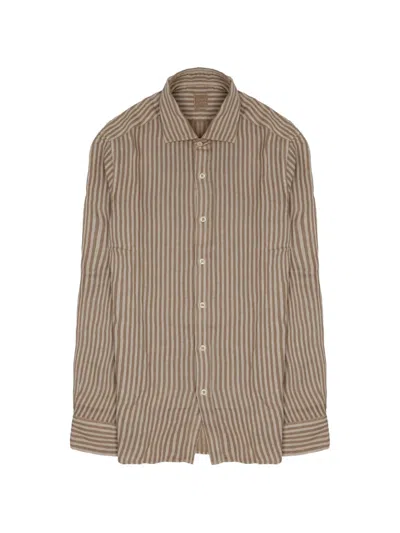 120% Lino Linen Shirt Long Sleeves Striped Pattern In Brown