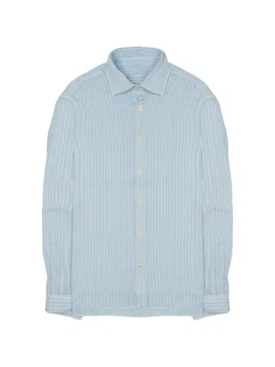 120% Lino Linen Shirt Long Sleeves Striped Pattern In Blue