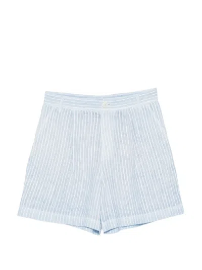 120% Lino Vertical-stripe Pleated Shorts In Blue