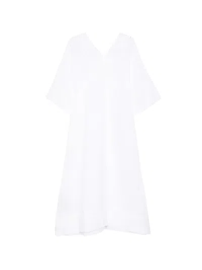 120% Lino Linen Kaftan V-neck With Seam Detailing And Contrasting Fabric Hem And Sleeves In White