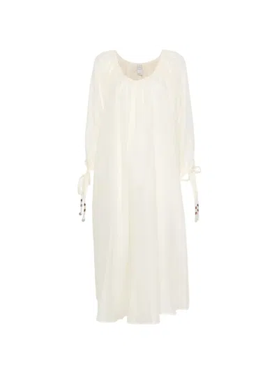 120% Lino V-neck Long Linen Cotton Dress With Adjustable Cuffs - Women's Fashion In White