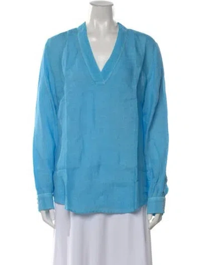 Pre-owned 120% Lino V-neck Long Sleeve Blouse In Blue